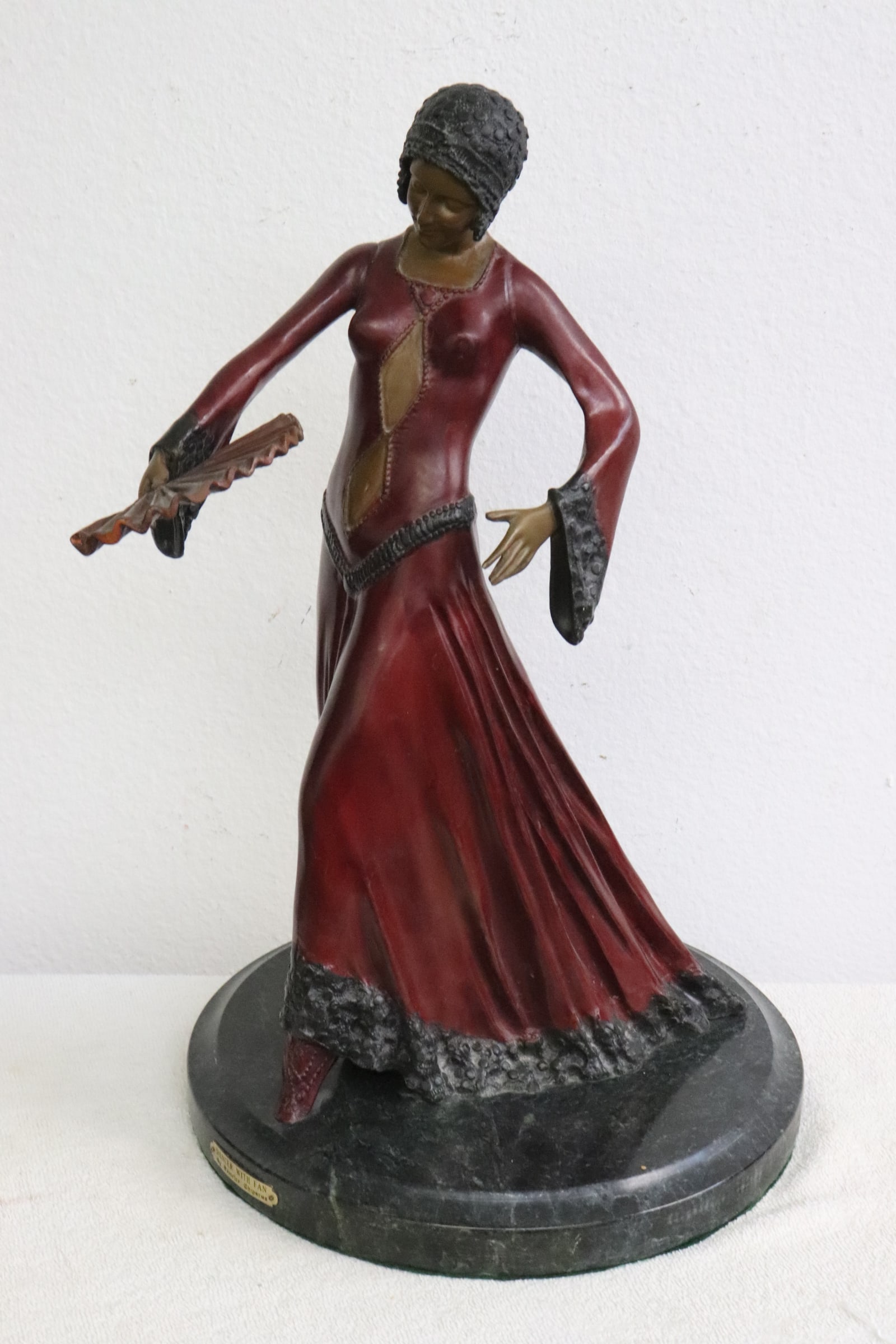 Large bronze sculpture "dancer with fan" w/ marble base (1 of 11)