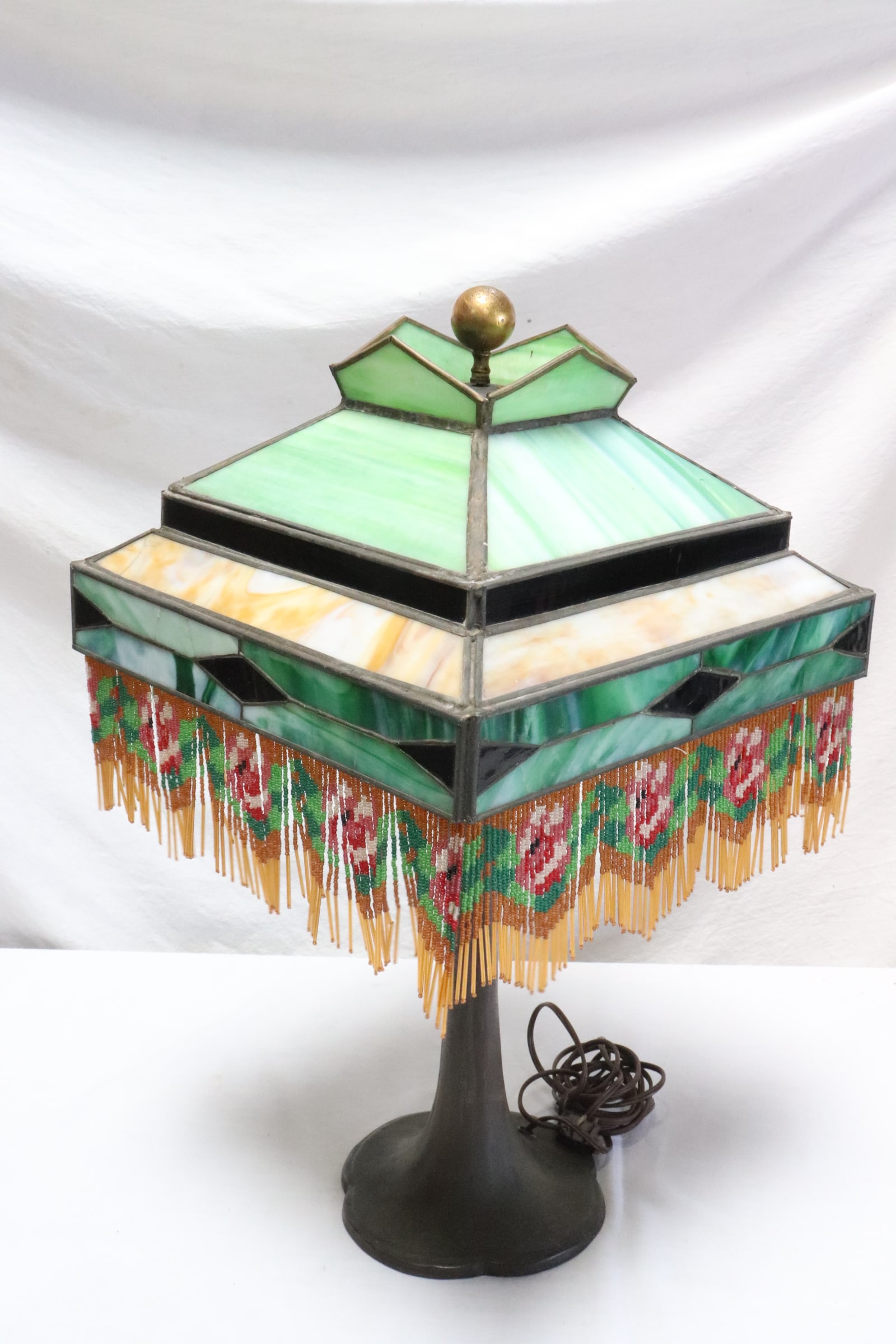 Bronze based Handel table lamp w/ lead glass shade (1 of 9)