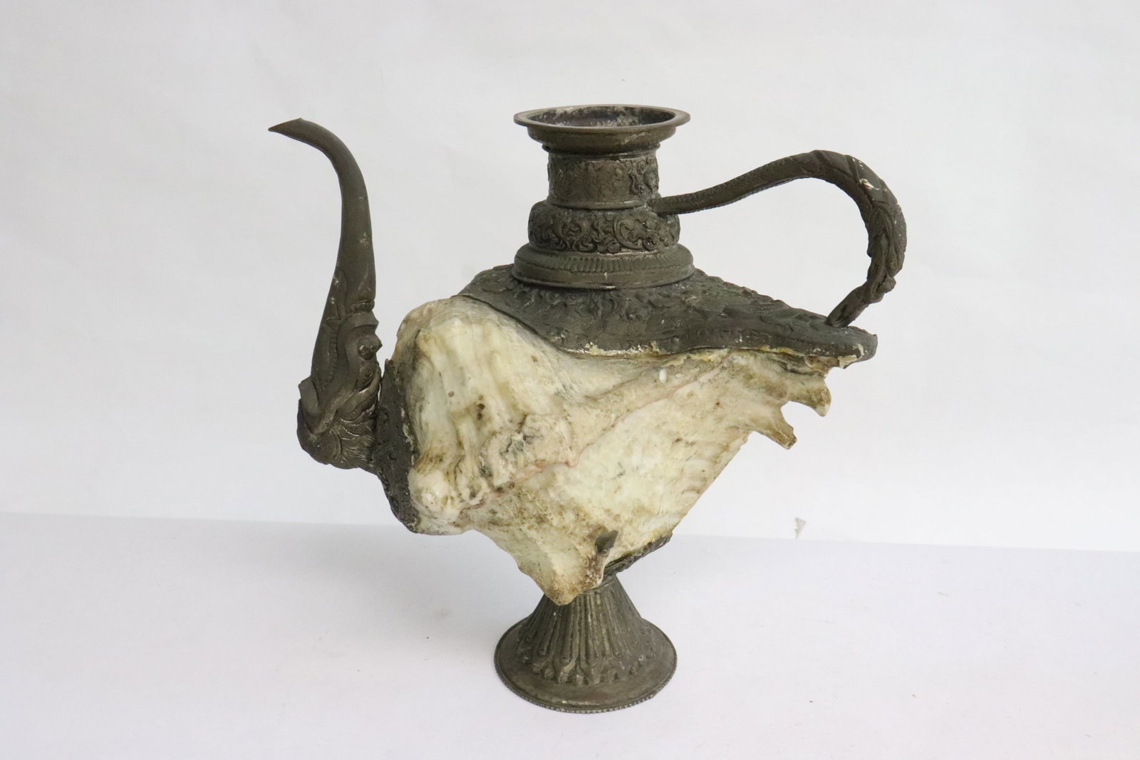 Tibetan silverplate and shell wine server: Tibetan silverplate and shell wine server, missing cover, 7.9"x8.65"x6.4"