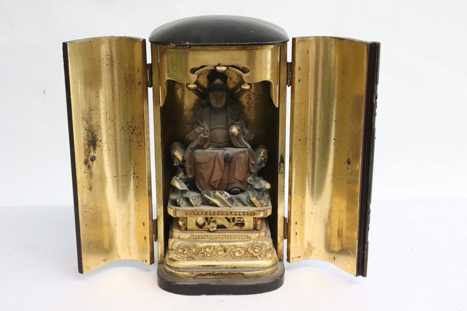 18th/19th c. wood carved deity in gilt lacquer wood shrine (1 of 7)