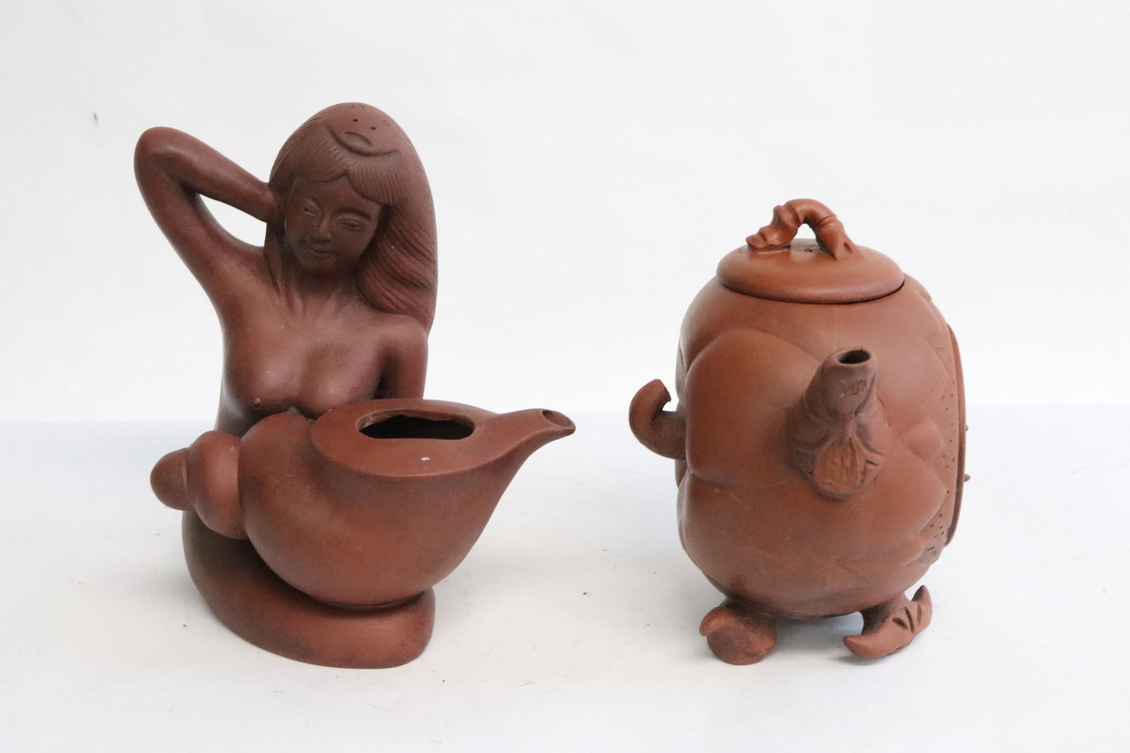 2 Yixing teapots, one missing cover: 2 Yixing teapots, one missing cover, 4.85"x6.15"x3.5", 5.75"x5.4"x4.3"