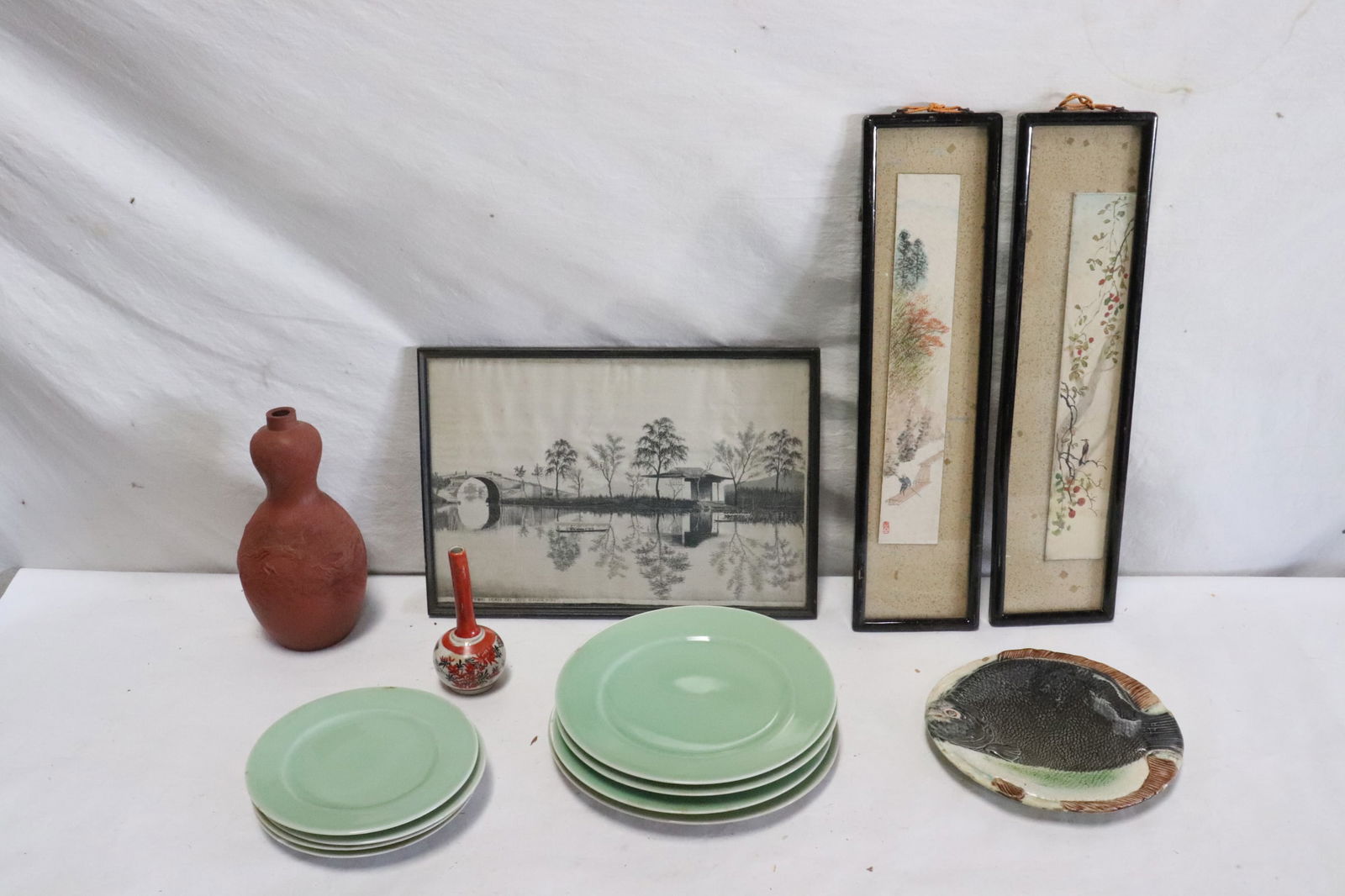 Lot of Japanese porcelain, painting, & rare clay vase: Lot of Japanese porcelain, painting (14.2"x2.3" - 9.9"x14.8"), and rare clay gourd shape vase (9.5"x5"dia)