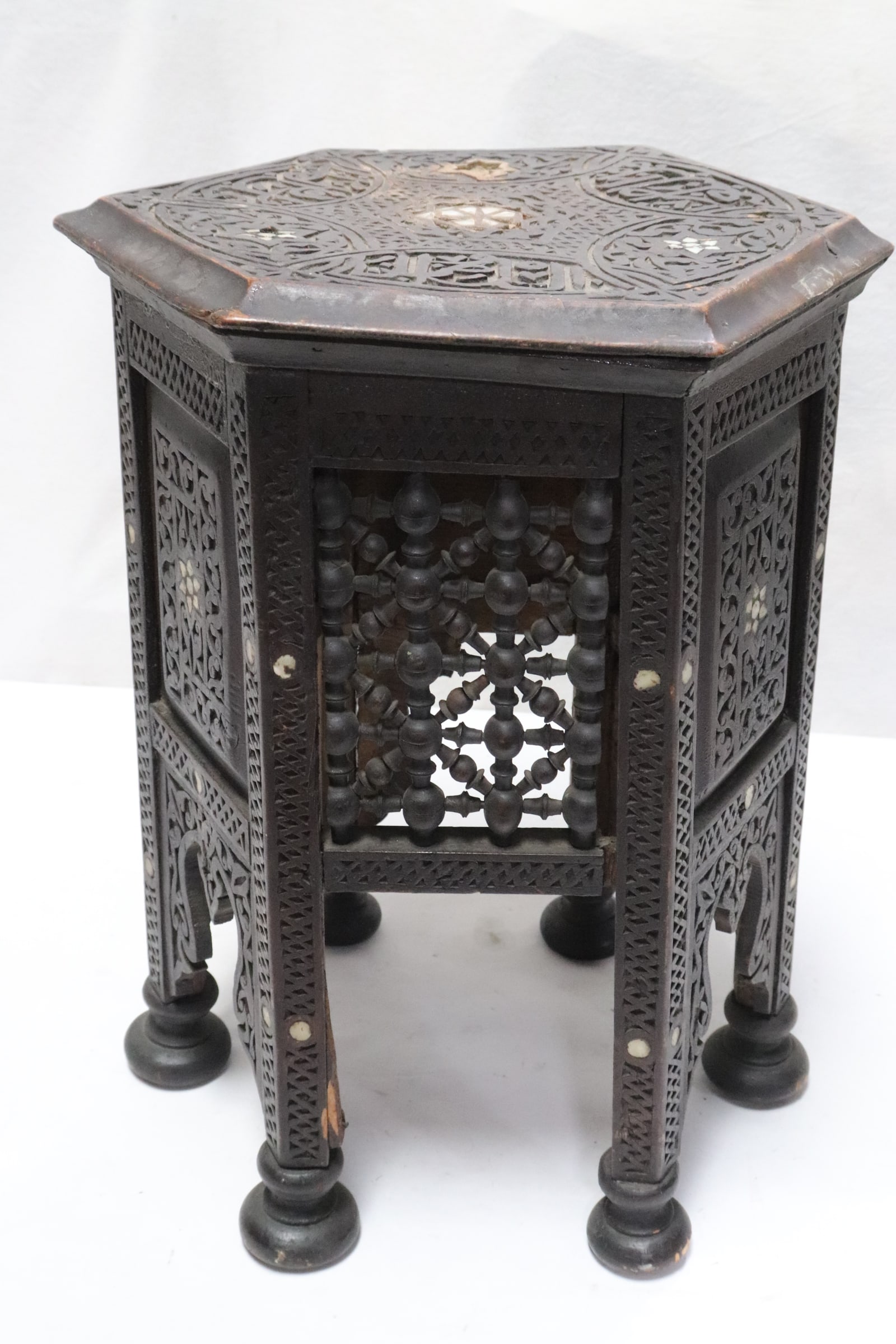 Antique carved wood stool w/ mother of pearl inlaid (1 of 7)