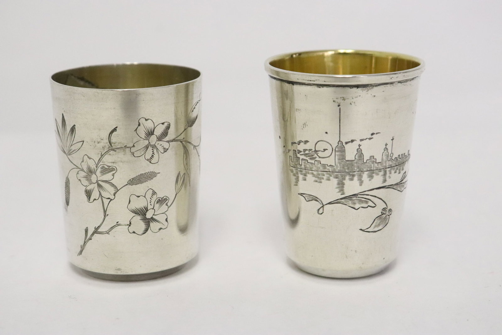2 Russian silver pieces: 2 pieces; Russian 84 silver wine cup (1.95"x1.49"dia), and a Russian 875 silver wine cup (2.1"x1.6"dia), total wt. 64gm