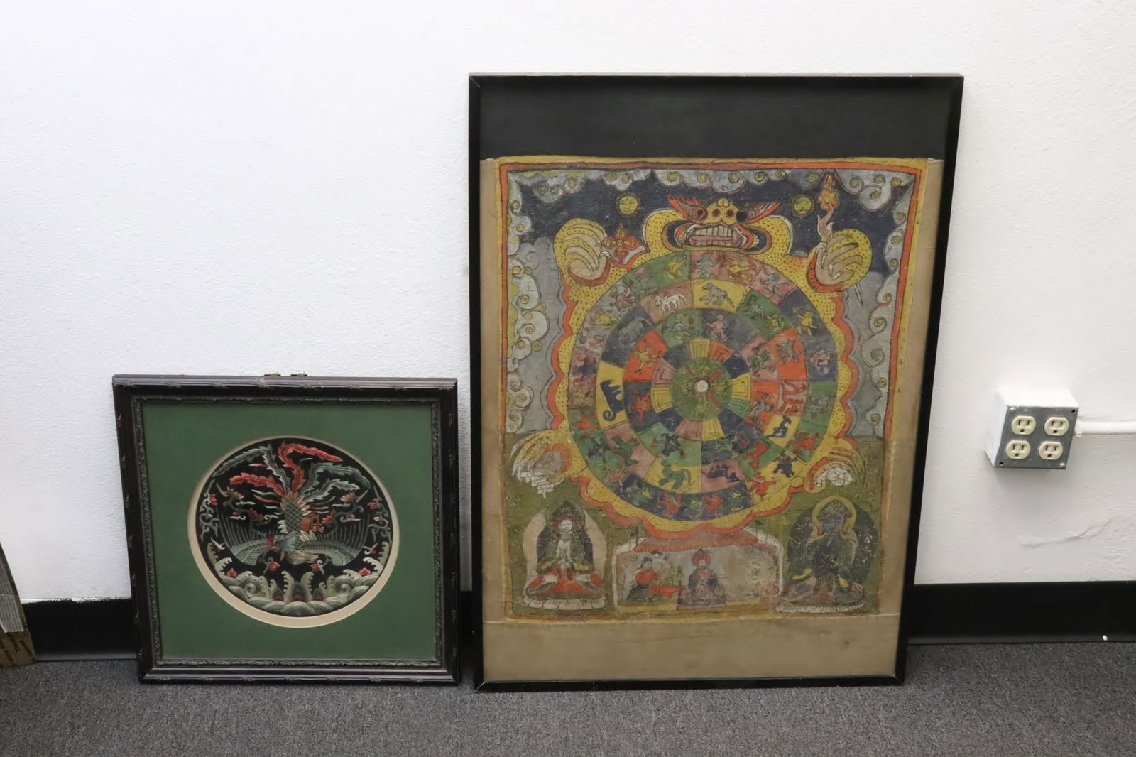 a hand painted thangka, & a framed embroidery panel (1 of 10)