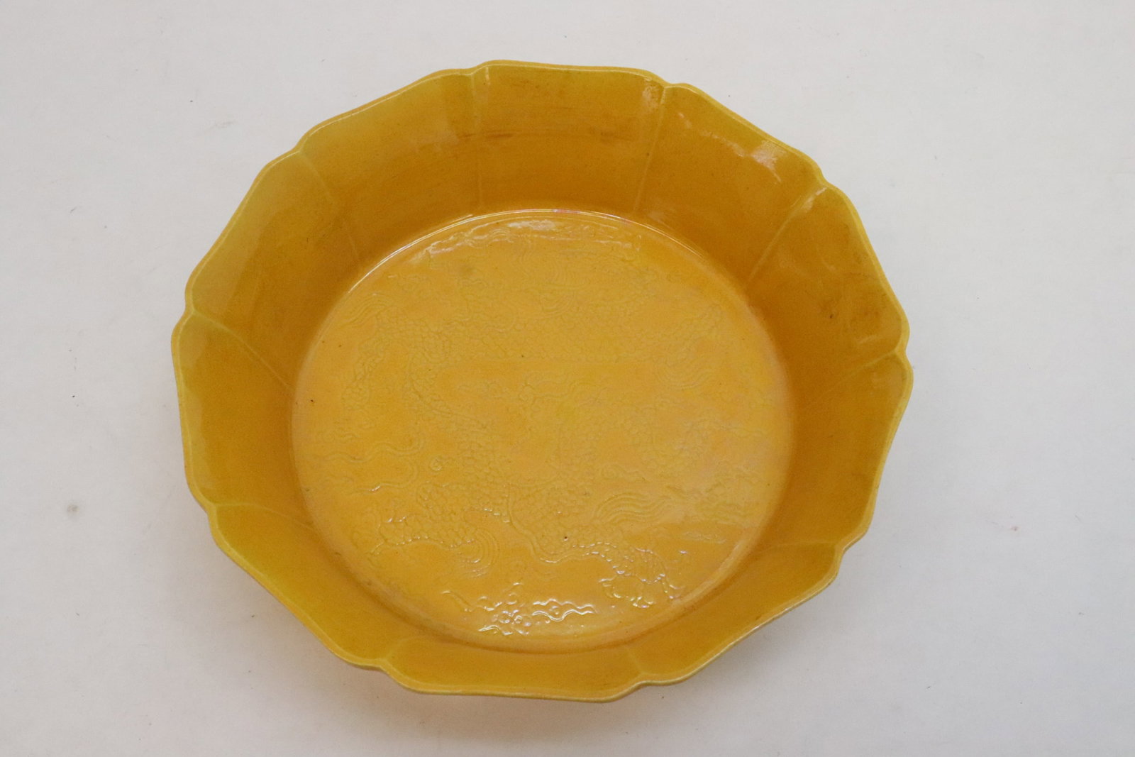 Chinese yellow glazed porcelain brush wash: Chinese yellow glazed porcelain brush wash, 2.1"x7.65"dia