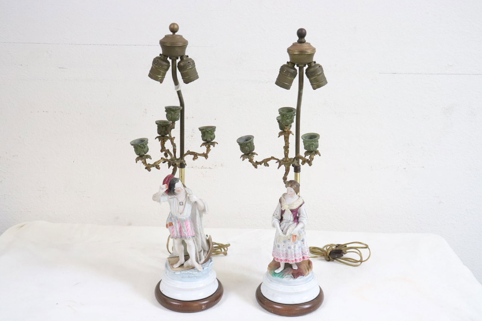 Pair 19th c. figural based lamp w/ bronze candle holders (1 of 10)