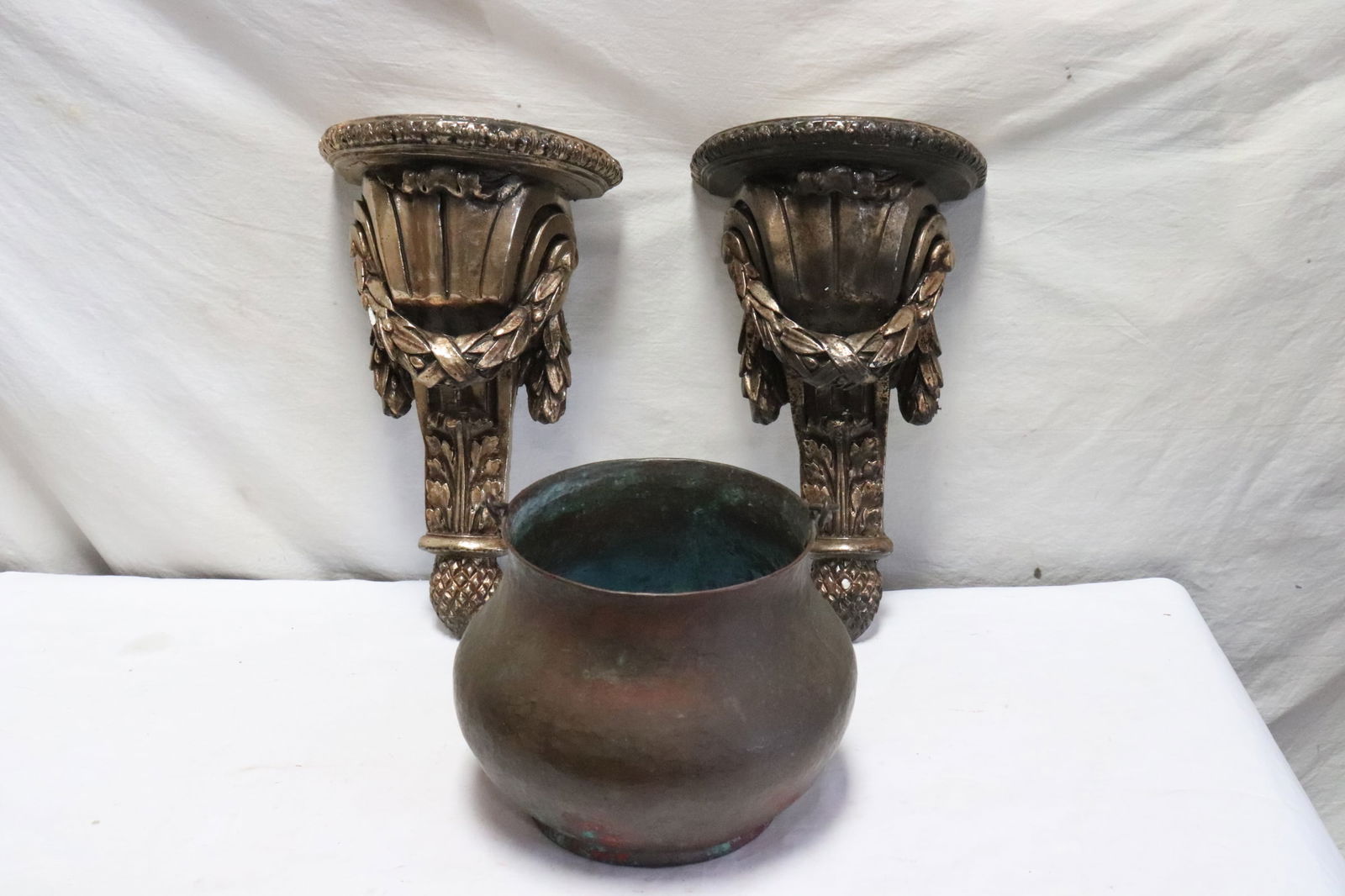 Pair plaster wall sconces, and a copper bucket (1 of 10)