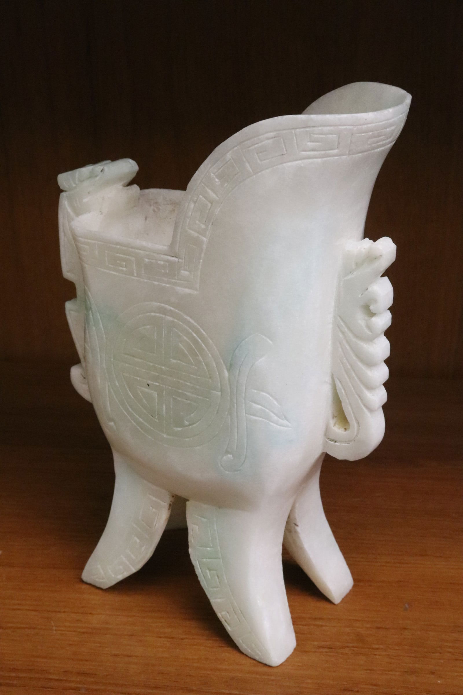 Very fine Chinese jadeite carved libation cup: Very fine Chinese jadeite carved libation cup, 7.8"x5.2"x2.25"