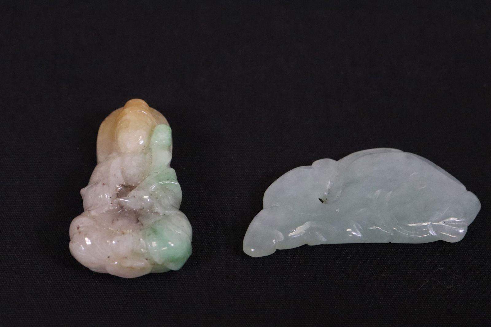 2 Chinese vintage jadeite carvings; deity, and fish (1 of 9)