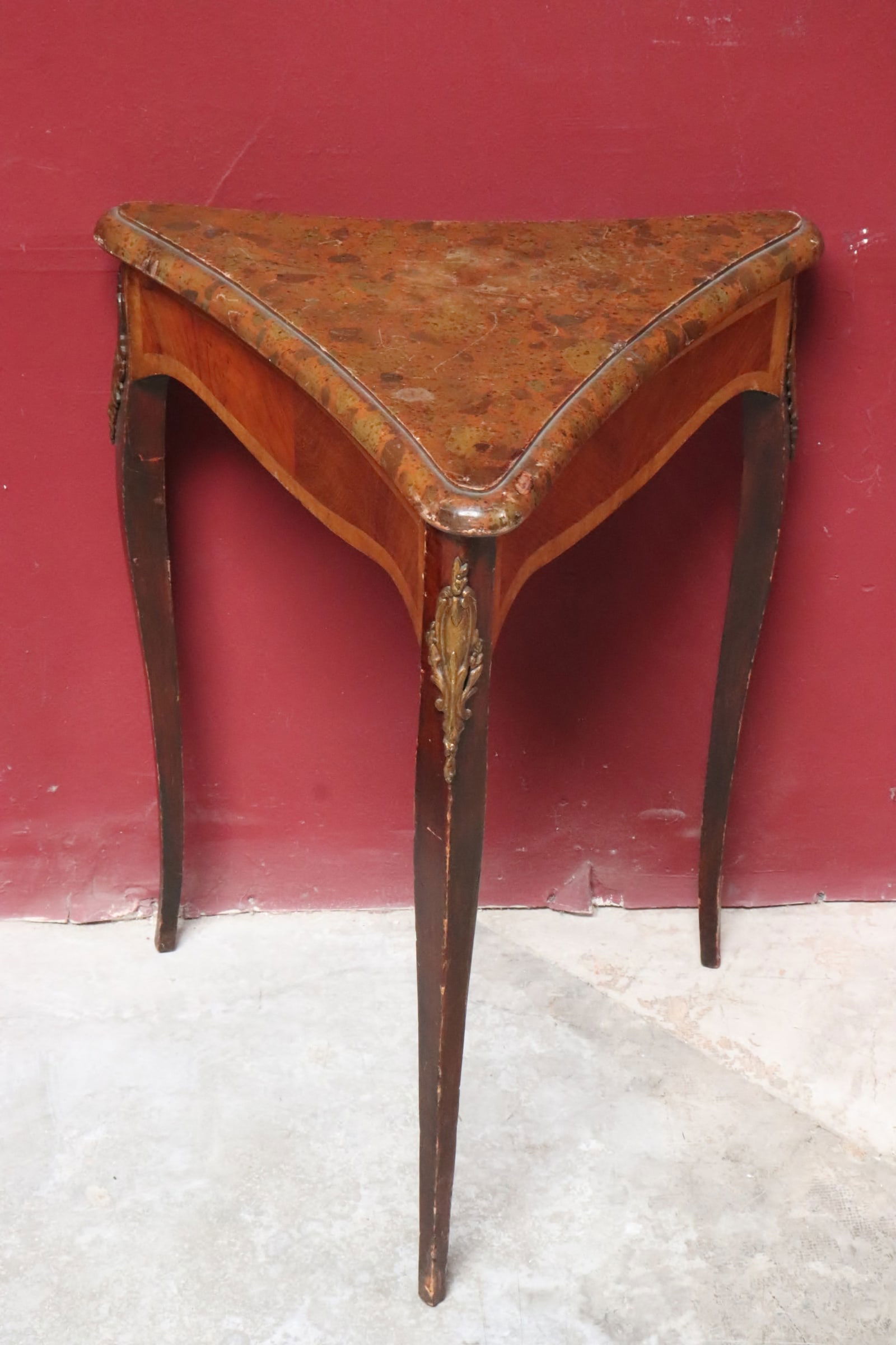 Antique French inlaid triangular side table (1 of 9)