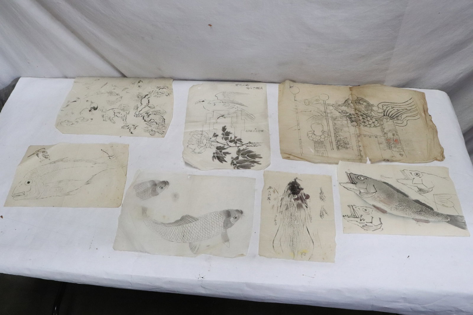 Collection of antique Japanese w/c on rice paper: Collection of antique Japanese watercolor on rice paper, some dated Meiji period, 11.2"x8" - 14.6"x20"