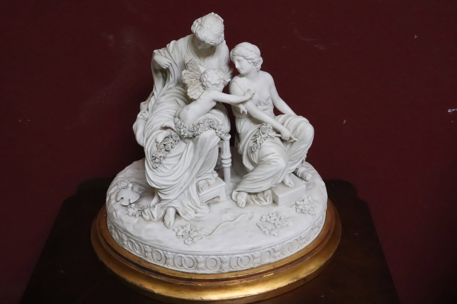 19th century European bisque sculpture: 19th century European bisque sculpture to depict religious scene, back of seat chip, 10.5"H