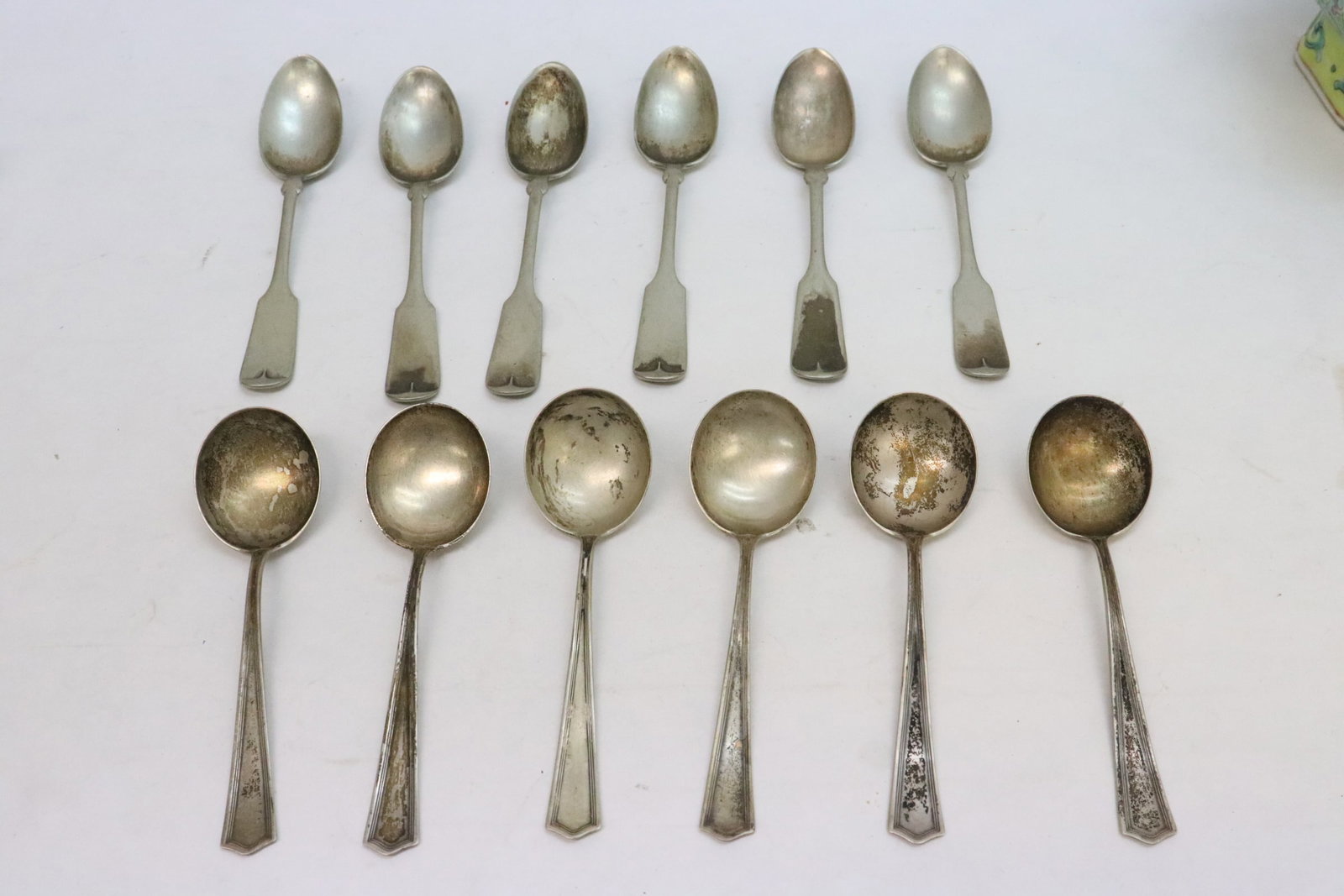 6 sterling soup spoons, & 6 s/p spoons, by Rogers & Hamilton: 6 sterling soup spoons (wt. 118gm, 5.25"L ea), and 6 silverplate spoons (6"L ea), by Rogers and Hamilton