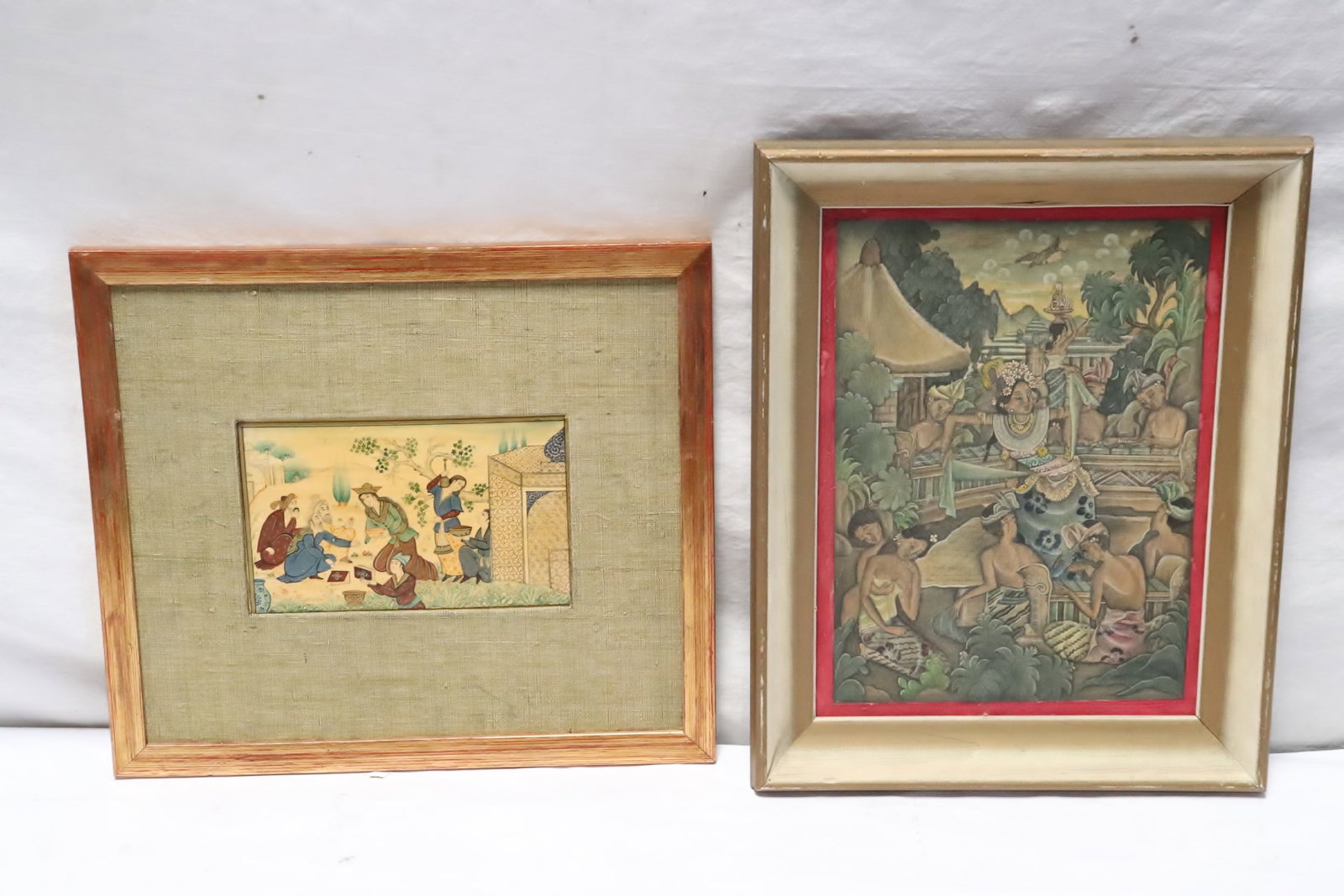 2 pieces: 2 pieces; Persian painting on panel "court scene" (4"x5.75"), and a Bali painting "dancing scene" (11.1"x7.8")