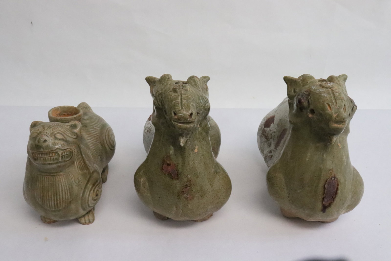 3 celadon animal motif earthenware censers: 3 celadon animal motif earthenware censers, 3.6"H - 4.9"H