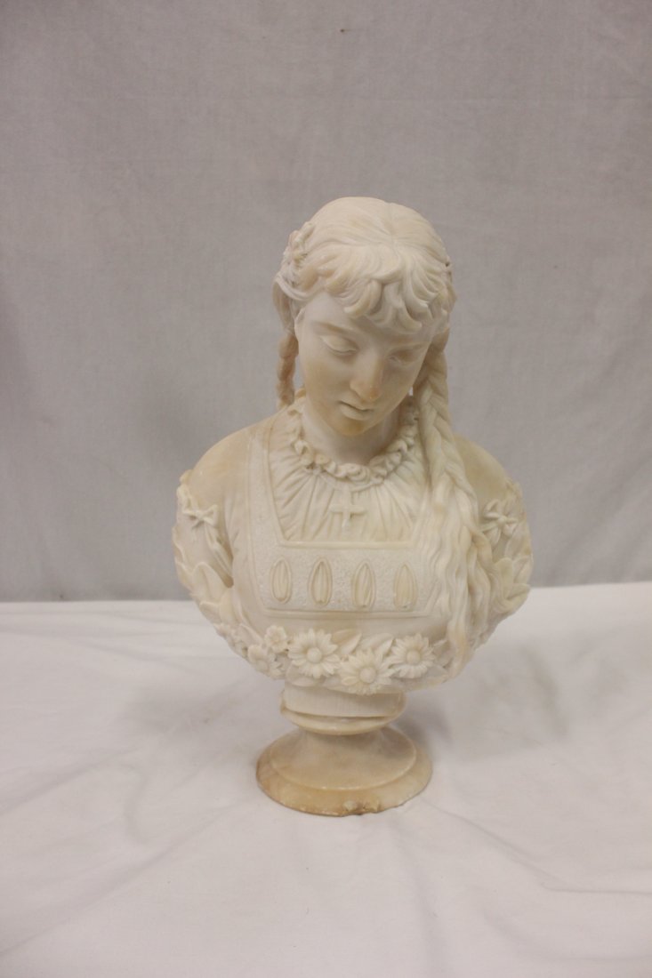 French alabaster sculpture: A beautiful French alabaster sculpture depicting bust of a young girl, 15.9"Hx10.5"x5"
