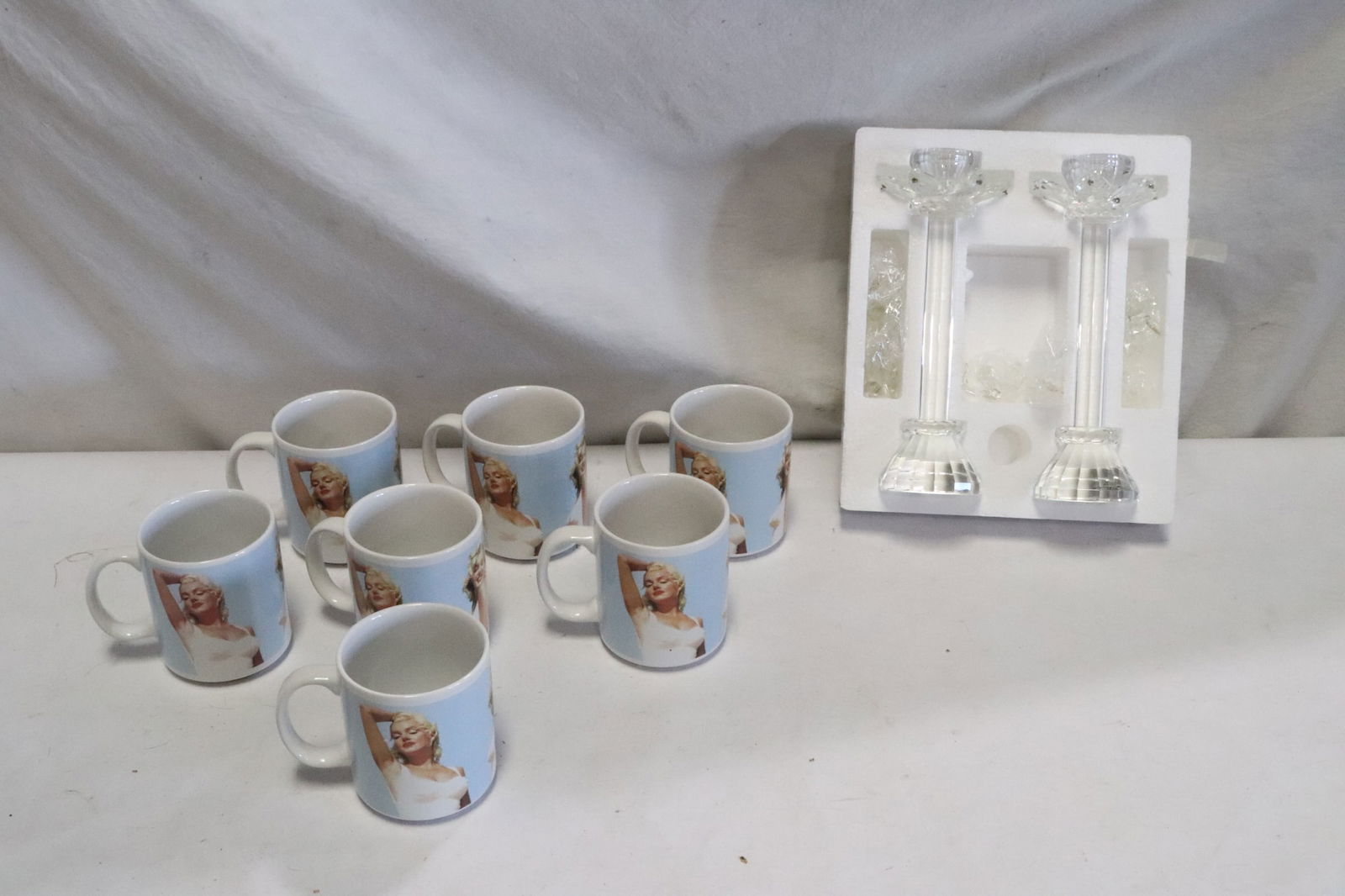 7 Marilyn Monroe mugs, & pr crystal candle holders (1 of 8)