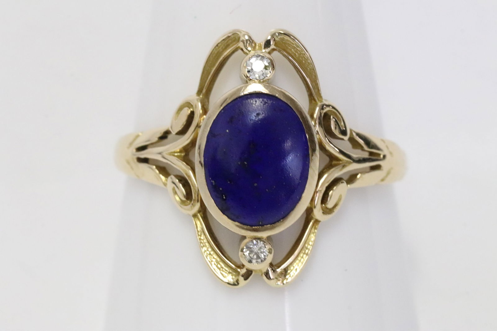 A 14K Y/G art nouveau ring w/ lapis & diamonds (1 of 8)
