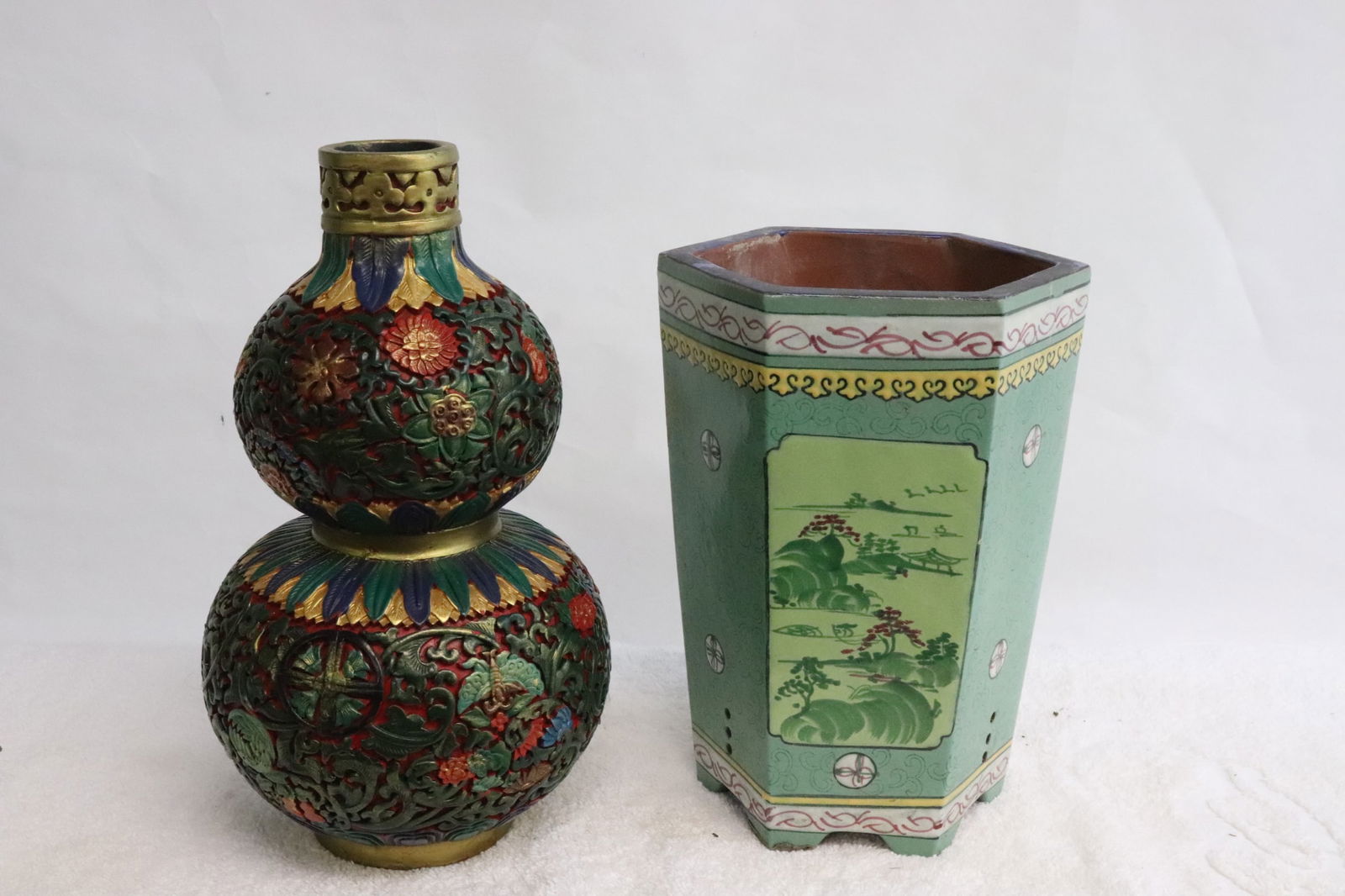 A cinnabar gourd shape vase, and a Yixing planter (1 of 9)