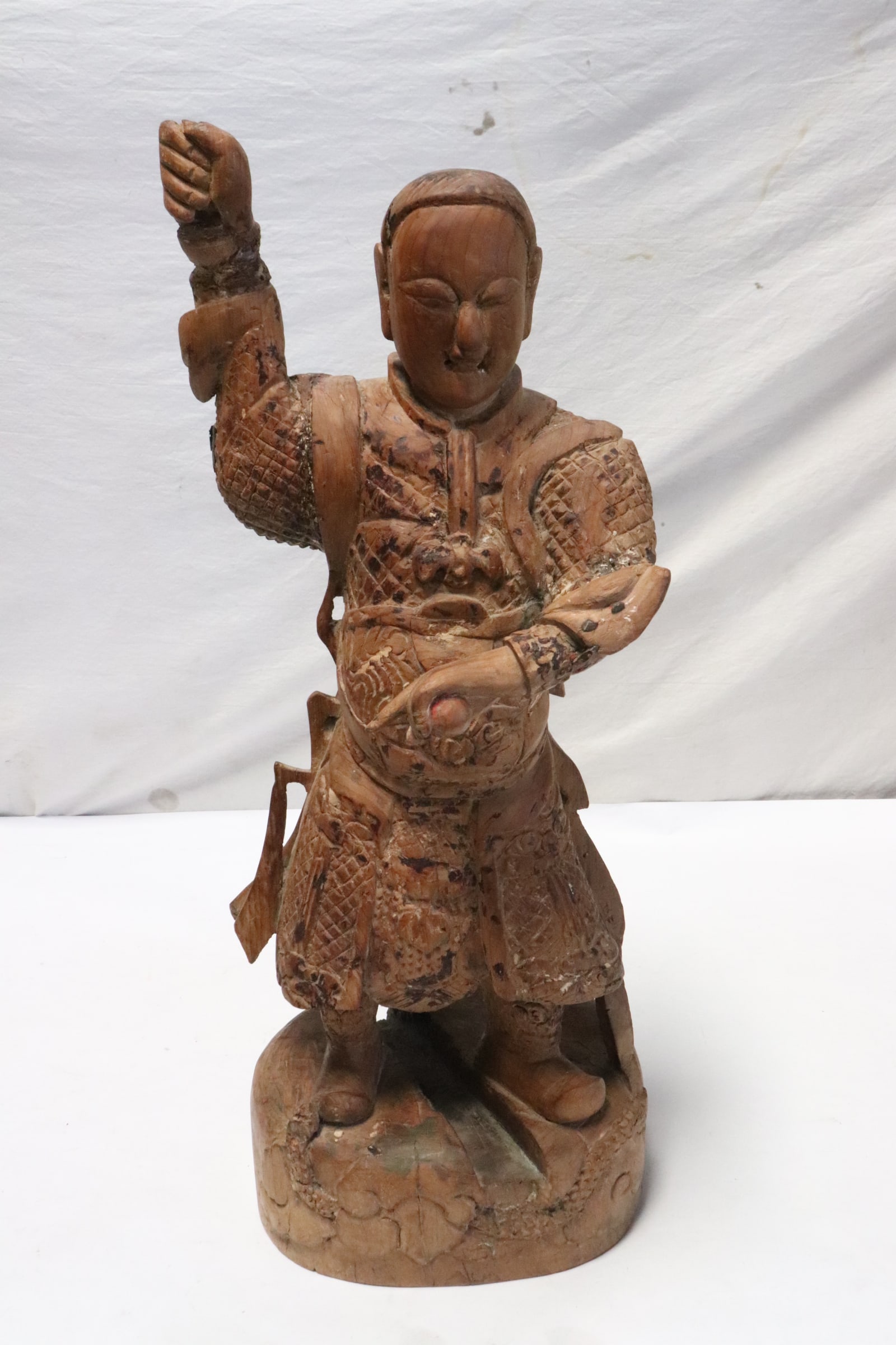 Chinese Ming wood carved deity, c1600AD: Important Chinese Ming wood carved deity, c1600AD, crack on back, missing weapon in right hand, 24.8"H