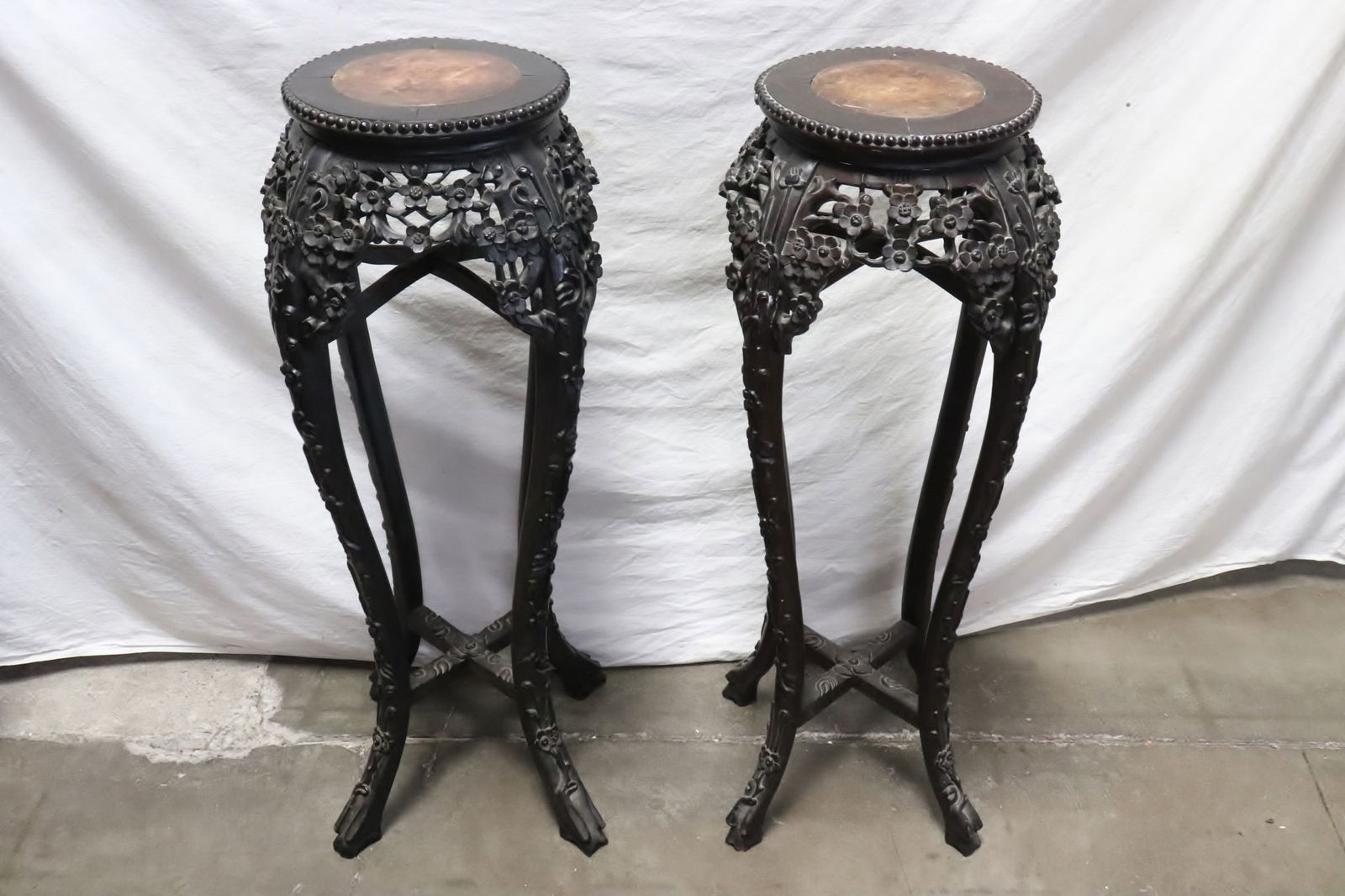 Pair Chinese antique marble top rosewood stands (1 of 11)