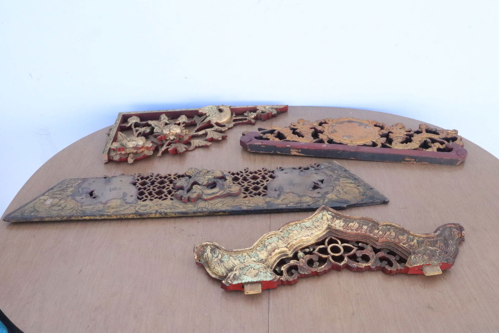 4 Chinese antique carved giltwood fragments: 4 Chinese antique carved giltwood fragments, 20"L - 33.5"L