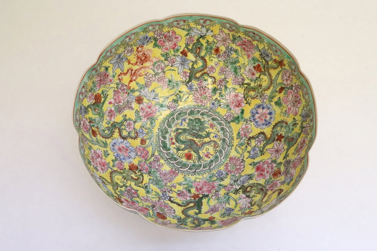 Large Chinese famille rose eggshell bowl: Large Chinese famille rose porcelain eggshell bowl, 4.15"x9.65"dia