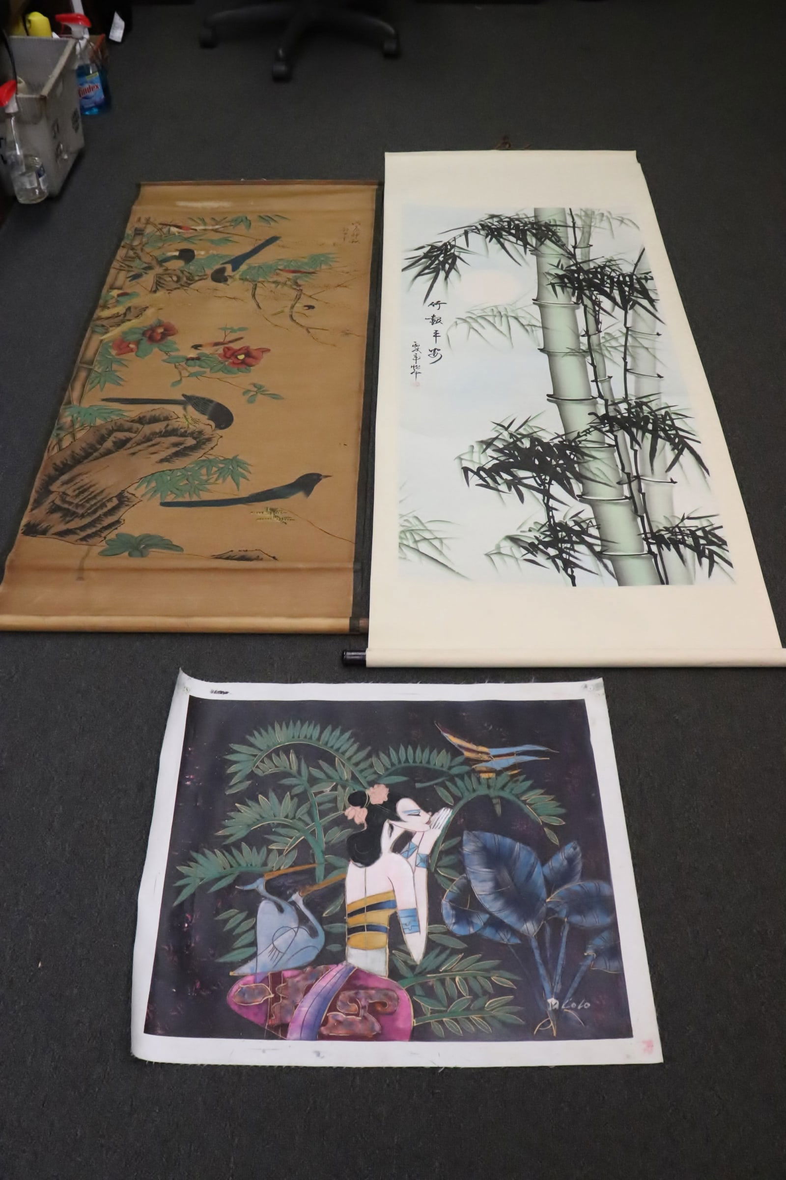 2 Chinese print scrolls, and a serigraph on canvas (1 of 12)