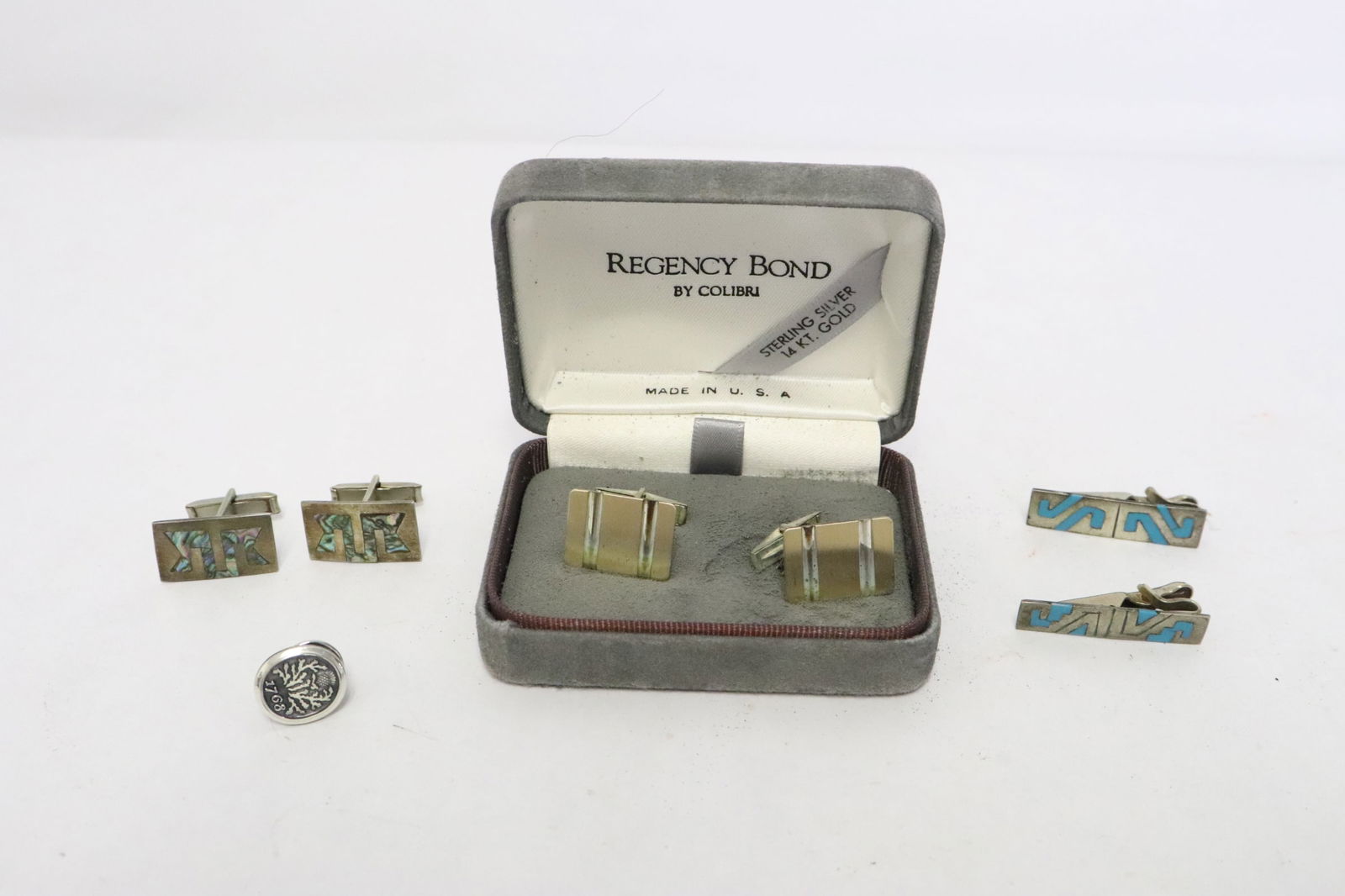 3 sterling tie tacks, 2 pairs sterling cufflinks (1 of 7)