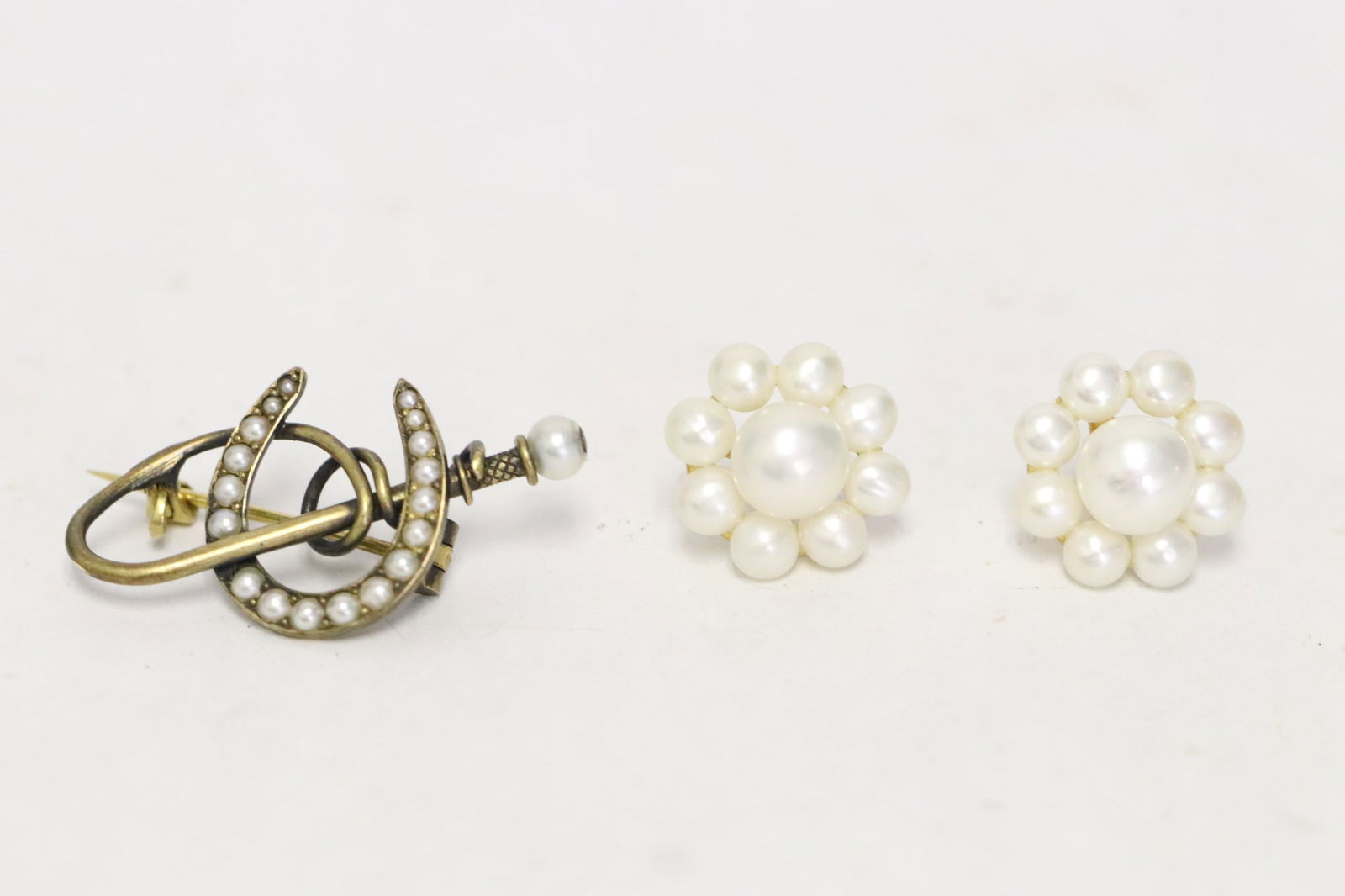 Pr 14K cultured pearl earrings, & a 14k y/g brooch w/ seed pearl (1 of 7)