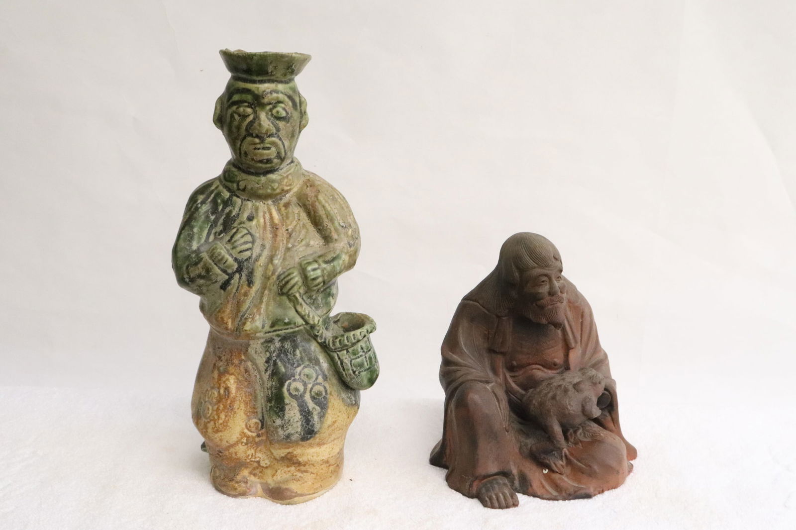 2 Chinese earthenware figures: 2 Chinese earthenware figures, 6.4"H, 11.3"H