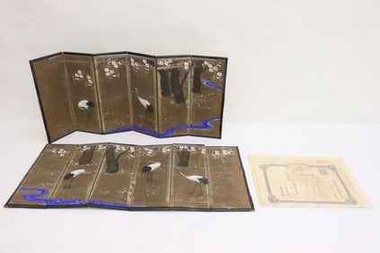 2 Japanese miniature screenss, & a Meiji period stock certificate