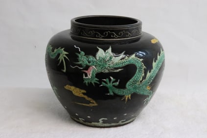 Antique Chinese carved & painted porcelain jar