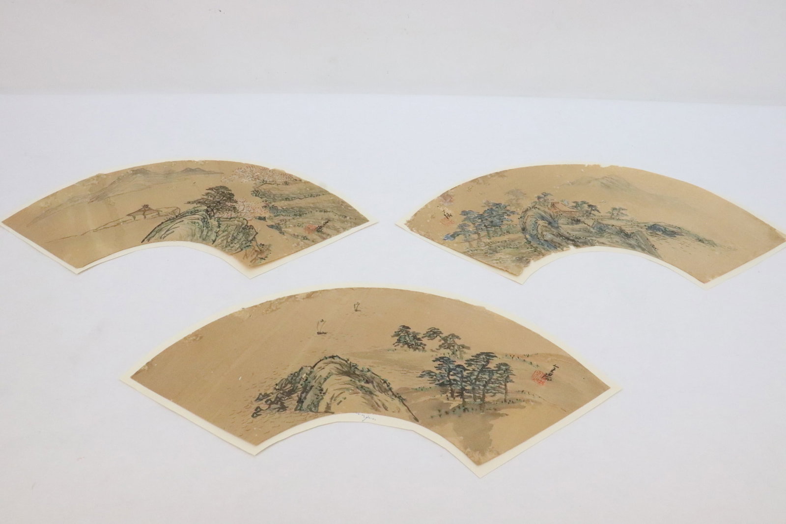 3 Chinese antique watercolor fan paintings: 3 Chinese antique watercolor fan paintings pasted on background paper, 6.3"x18.4" - 6.4"x19"