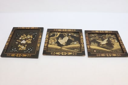 3 Japanese antique lacquer panels