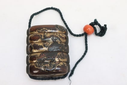 Antique Japanese 5-section painted lacquer inro