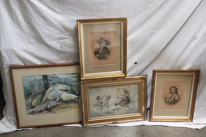 3 lithograph in color, and one watercolor painting