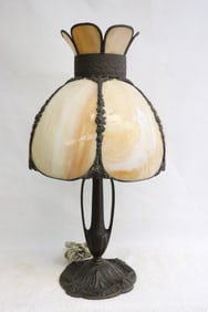 lamp w/ lead glass panel shade by PLB & G co.