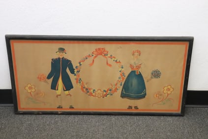 19th c. primitive w/c/ pastel/ color pencil painting