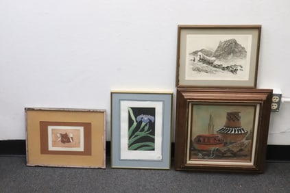 3 signed etchings, and an Indian sand painting