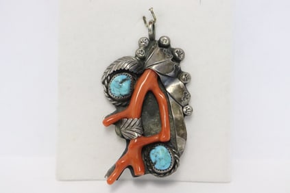 Fine sterling pendant with coral and turquoise
