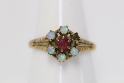 Victorian 10K rose gold ring w/ opal and red stone