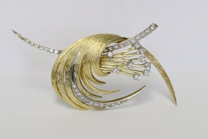 18K retro rose gold feather motif diamond brooch