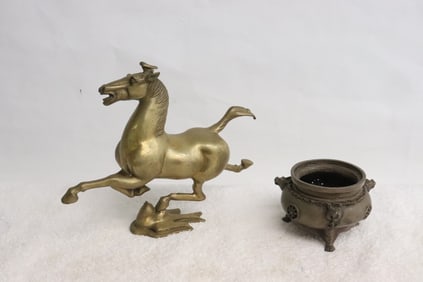 a bronze horse, and a vintage bronze censer