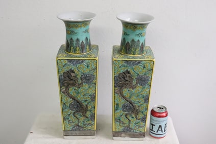 Pair Chinese famille rose porcelain square vases