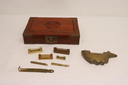 Rosewood box and collection of Chinese vintage locks