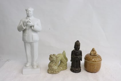 4 pieces; figures and a covered box