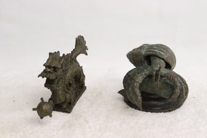 2 pieces; a bronze dragon, and a bronze hermitage