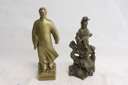 2 metal sculptures; one deity one Chairman Mao